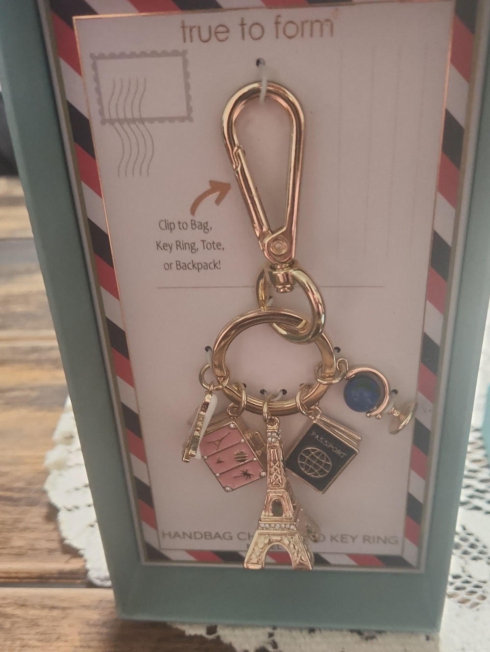 NIB True to Form Gold Eiffel Tower Travel Charm Keychain with Pink Suitcase
